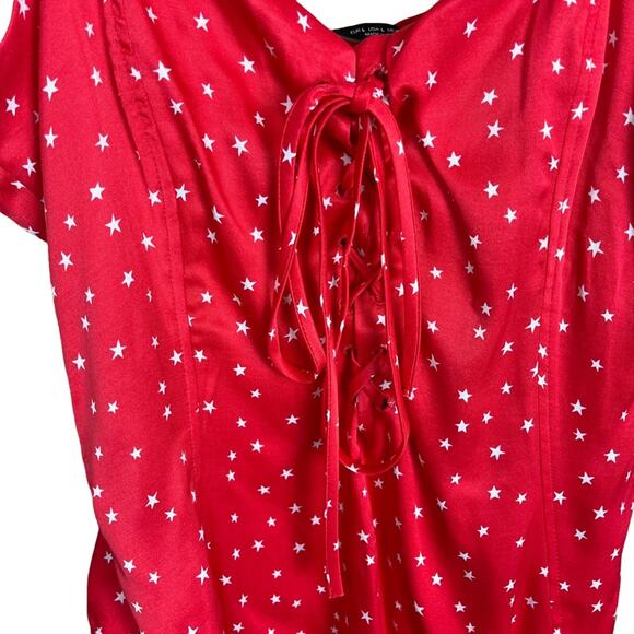 New Zara Red Lace Up Satin Effect Star Print Bodysuit Women's - Picture 7 of 11